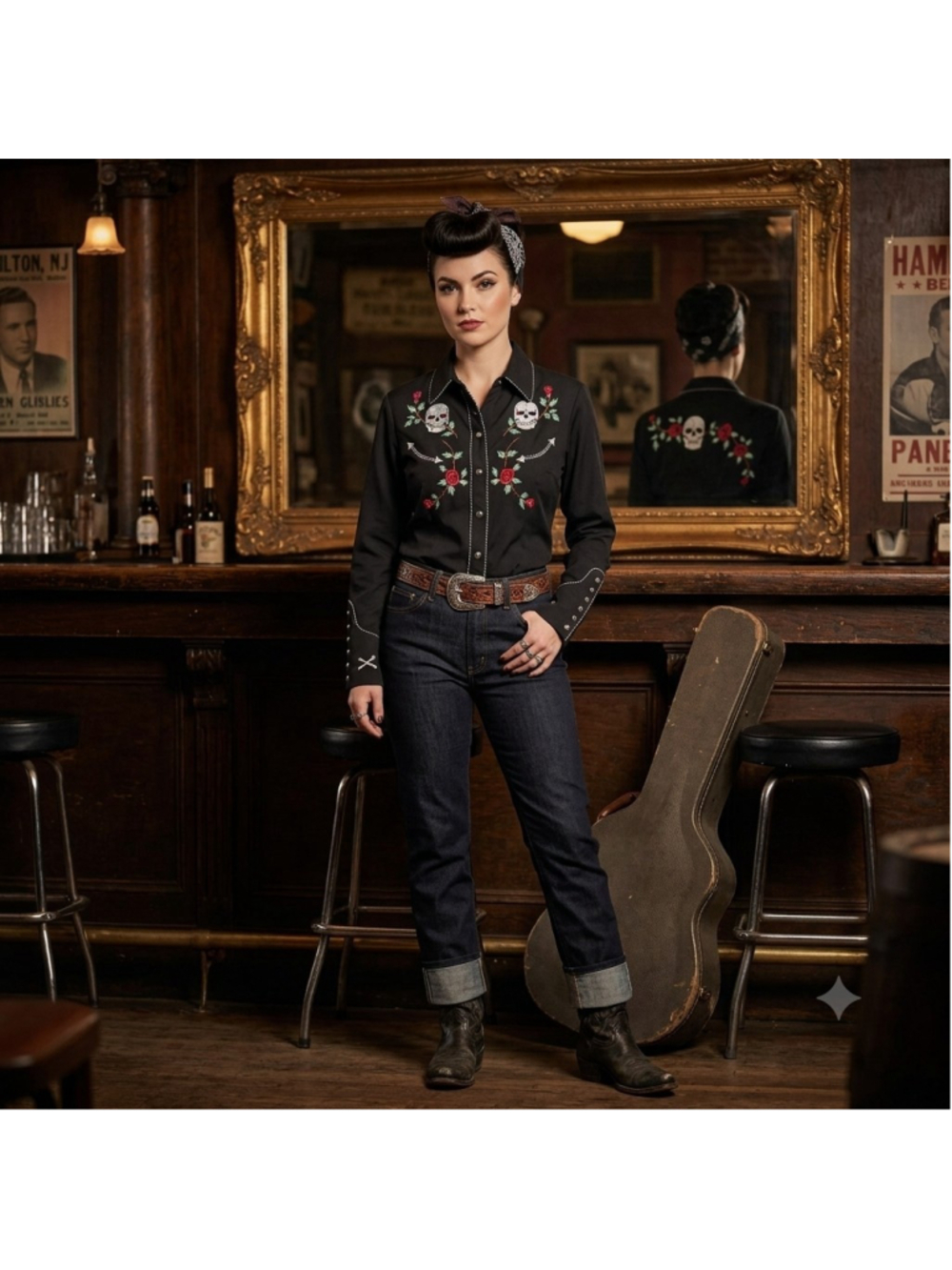 Scully Black Western Shirt Small Embroidered Skull Rose Rockabilly Skull Snap